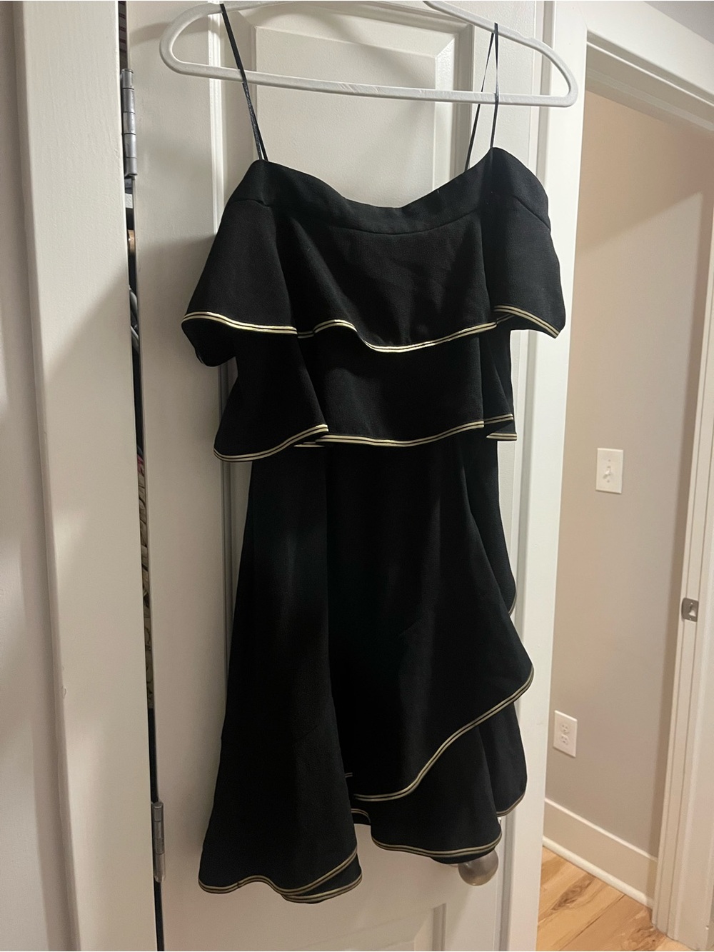 Wayf Black Mini Dress with Gold-Trim Ruffle Layers